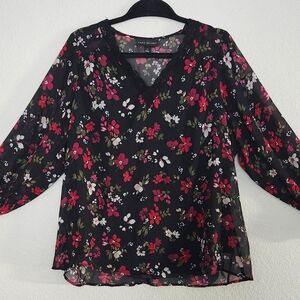 Nine West Floral Black Blouse with Red and Pink Accents